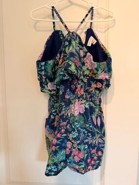 Janie and Jack Navy Floral Ruffle romper jumpsuit  with Pink & Green Accents